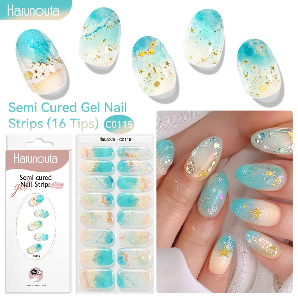 Gradient Red Marble Gold Line Semi Cured Gel Nail Strips