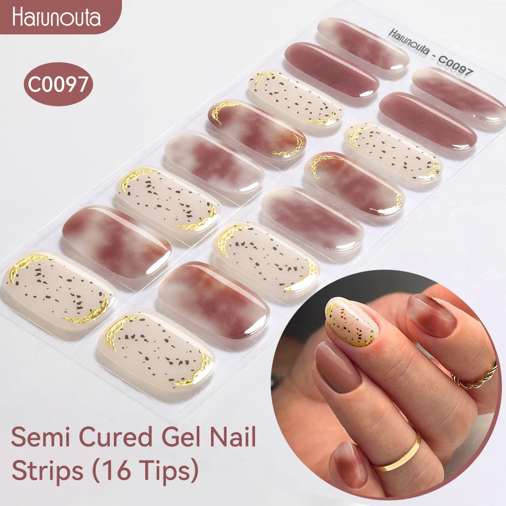 16strips Gradient Green Gold Ocean Semi Cured Gel Nail Strips