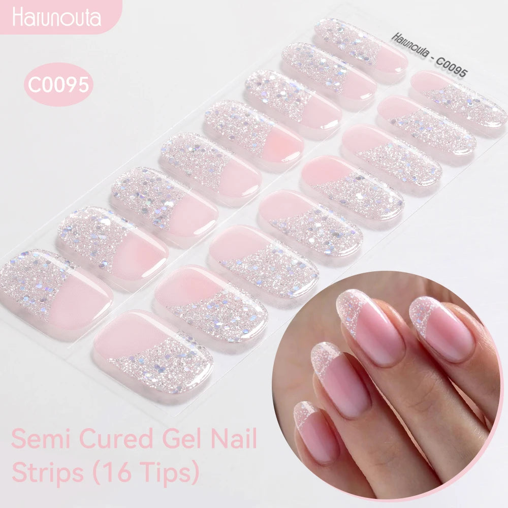 16strips Gradient Green Gold Ocean Semi Cured Gel Nail Strips