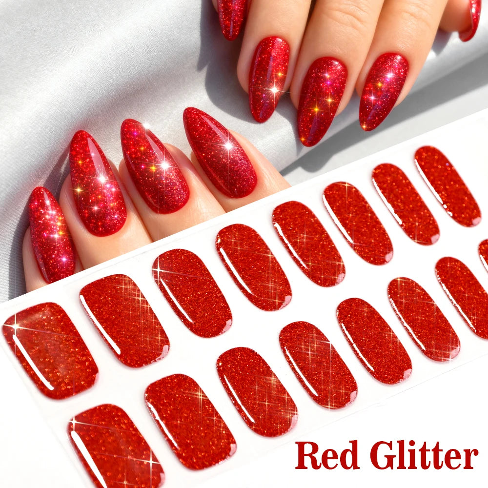 16Tips French Red Glitter Semi-Cured Nail Stickers