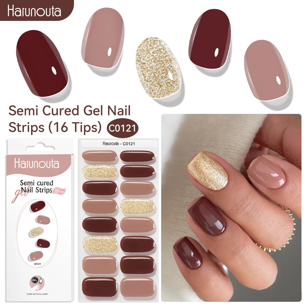 Gradient Red Marble Gold Line Semi Cured Gel Nail Strips
