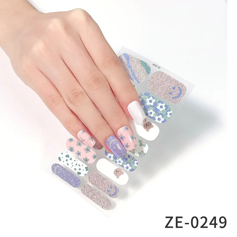14Tips DIY Glitter Bake Free Gel Nail Stickers Stripe