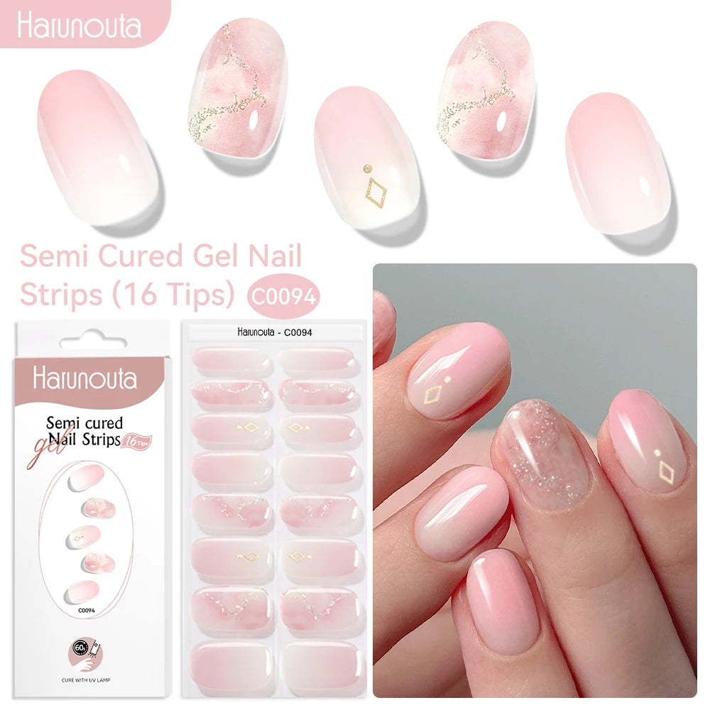 Gradient Red Marble Gold Line Semi Cured Gel Nail Strips