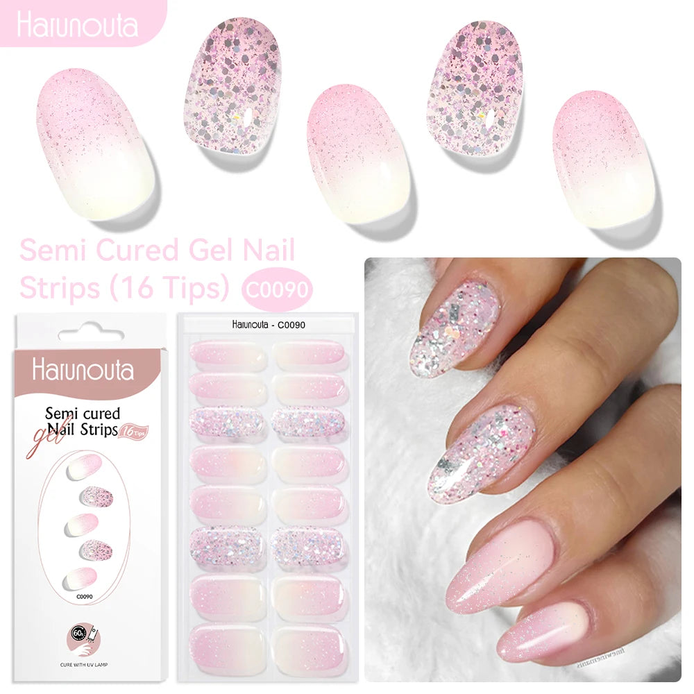 Gradient Red Marble Gold Line Semi Cured Gel Nail Strips