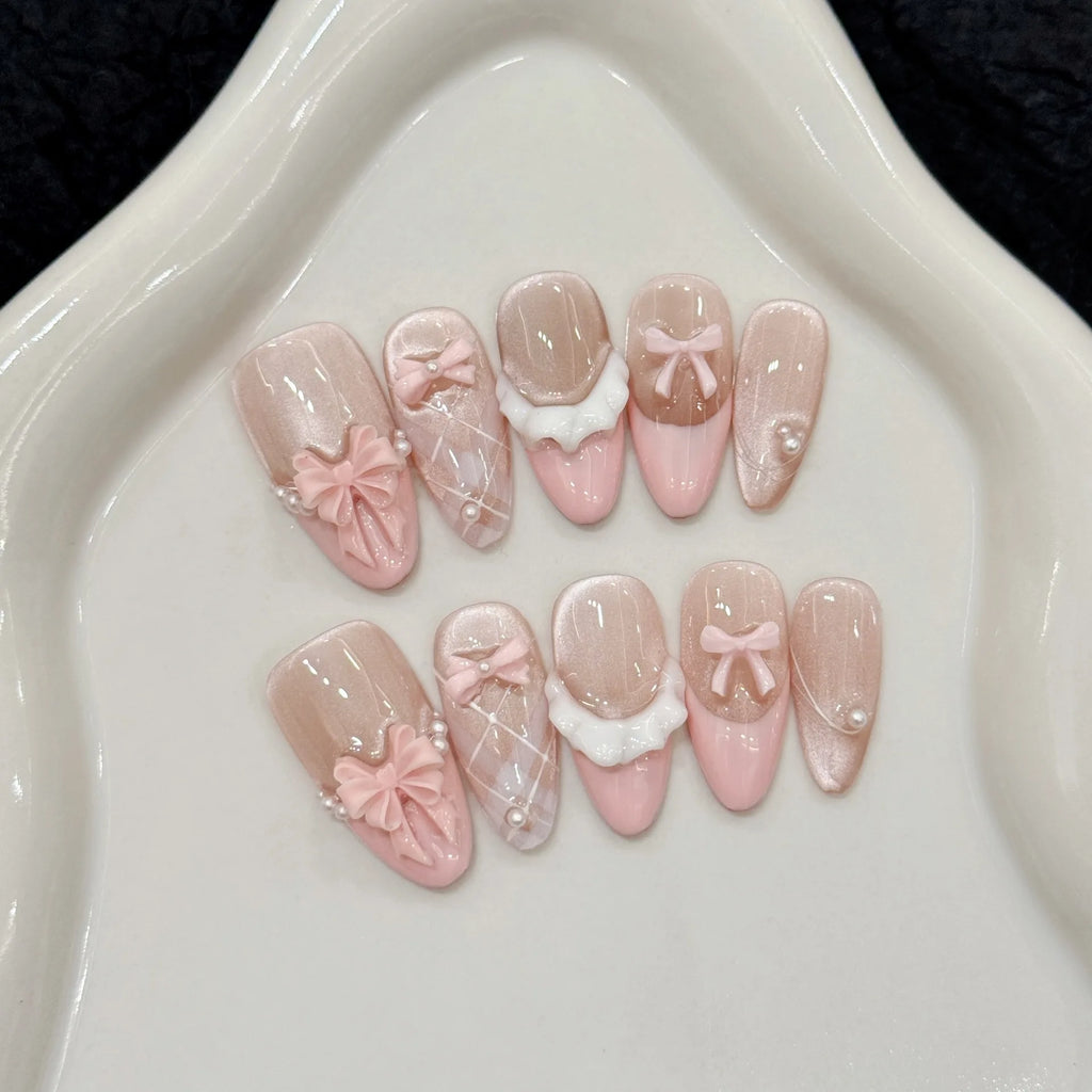 10pcs Handmade Press on Nails French Cat Eye Pink