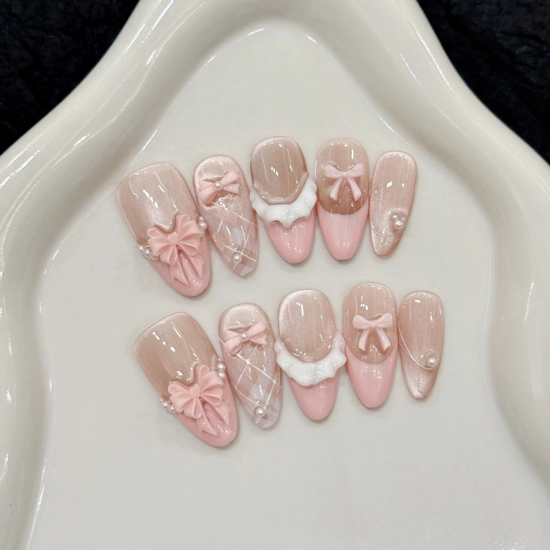 10pcs Handmade Press on Nails French Cat Eye Pink