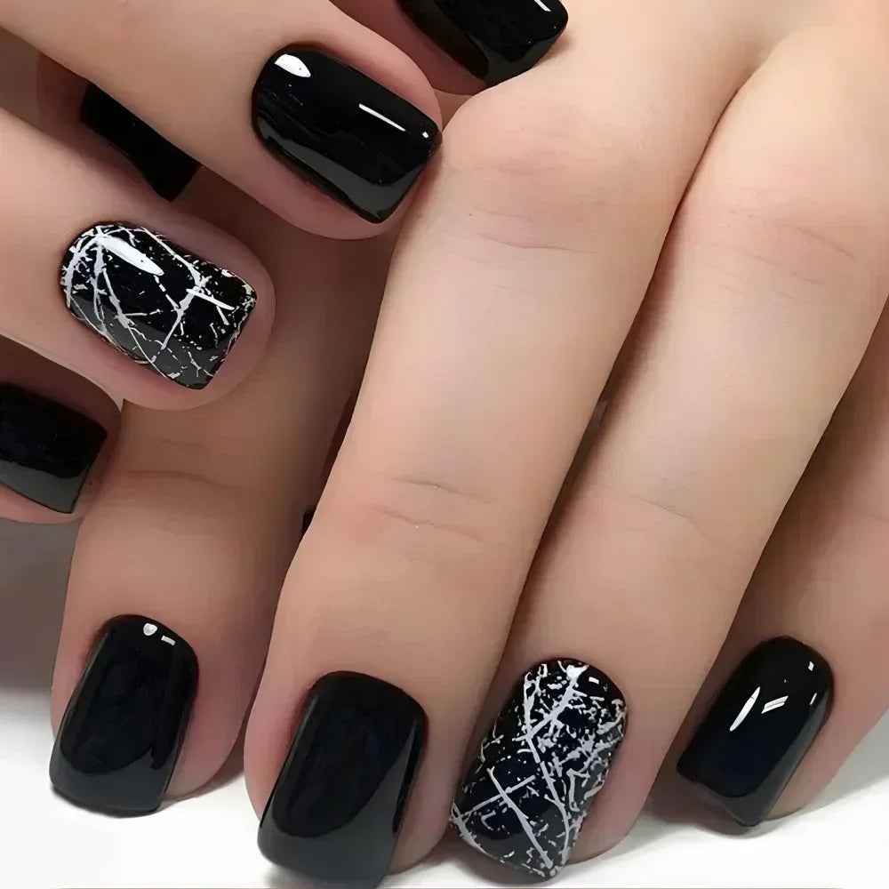 24Pcs Solid Black Short False Nails