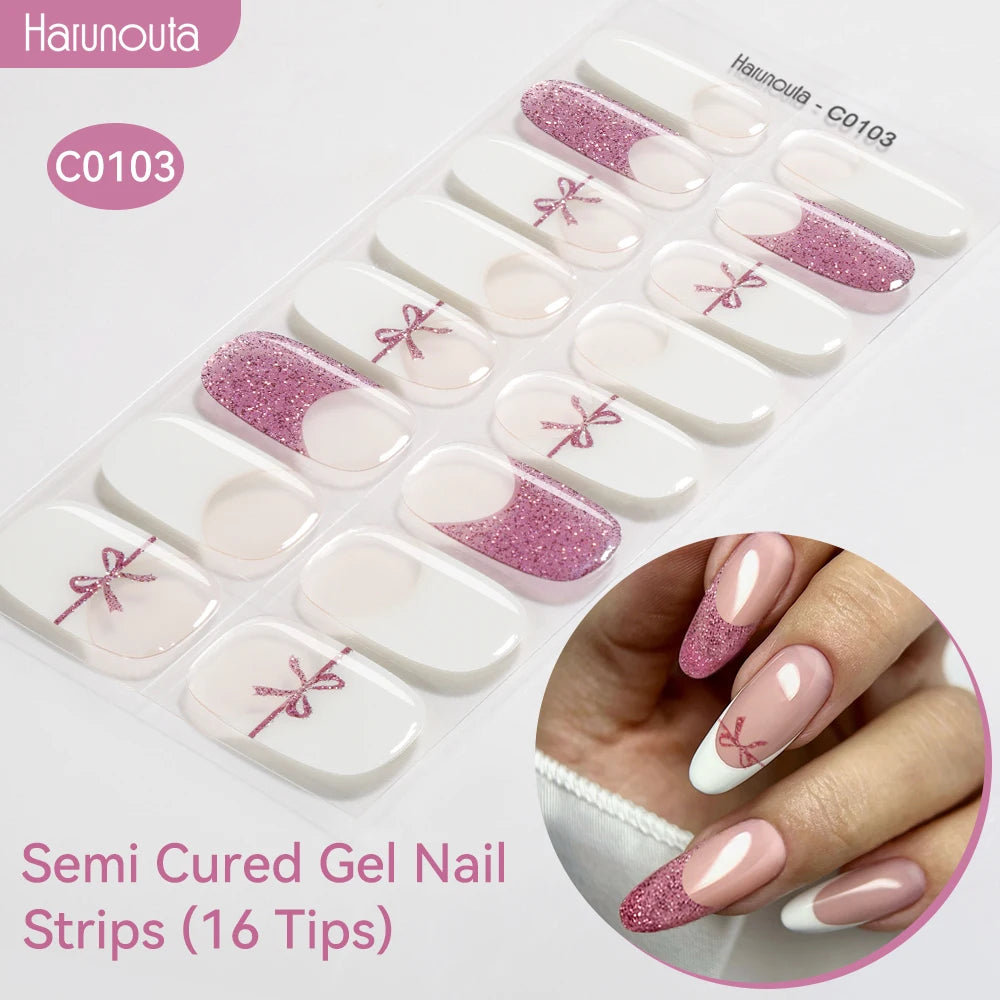 16strips Gradient Green Gold Ocean Semi Cured Gel Nail Strips