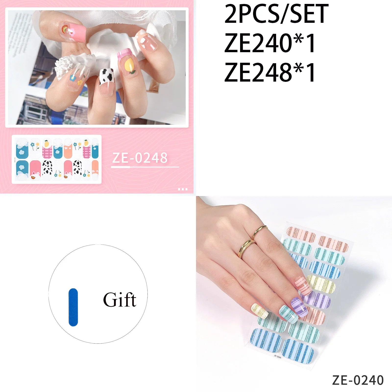 14Tips DIY Glitter Bake Free Gel Nail Stickers Stripe