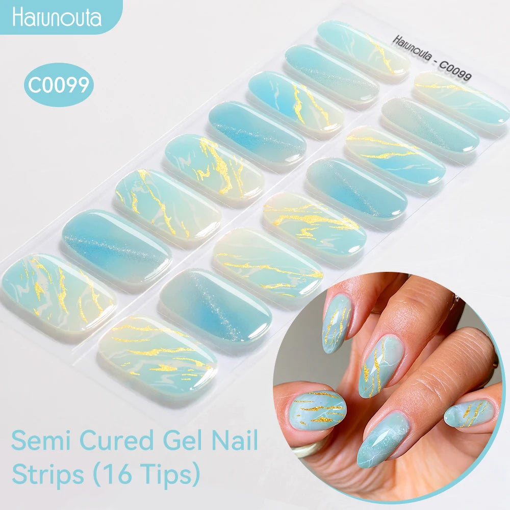 16strips Gradient Green Gold Ocean Semi Cured Gel Nail Strips
