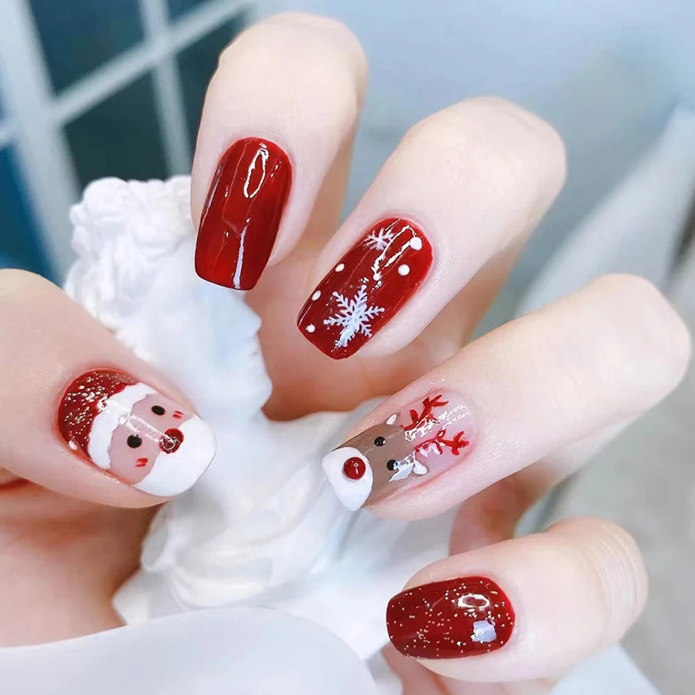 24Pcs Red Christmas Fake Nails
