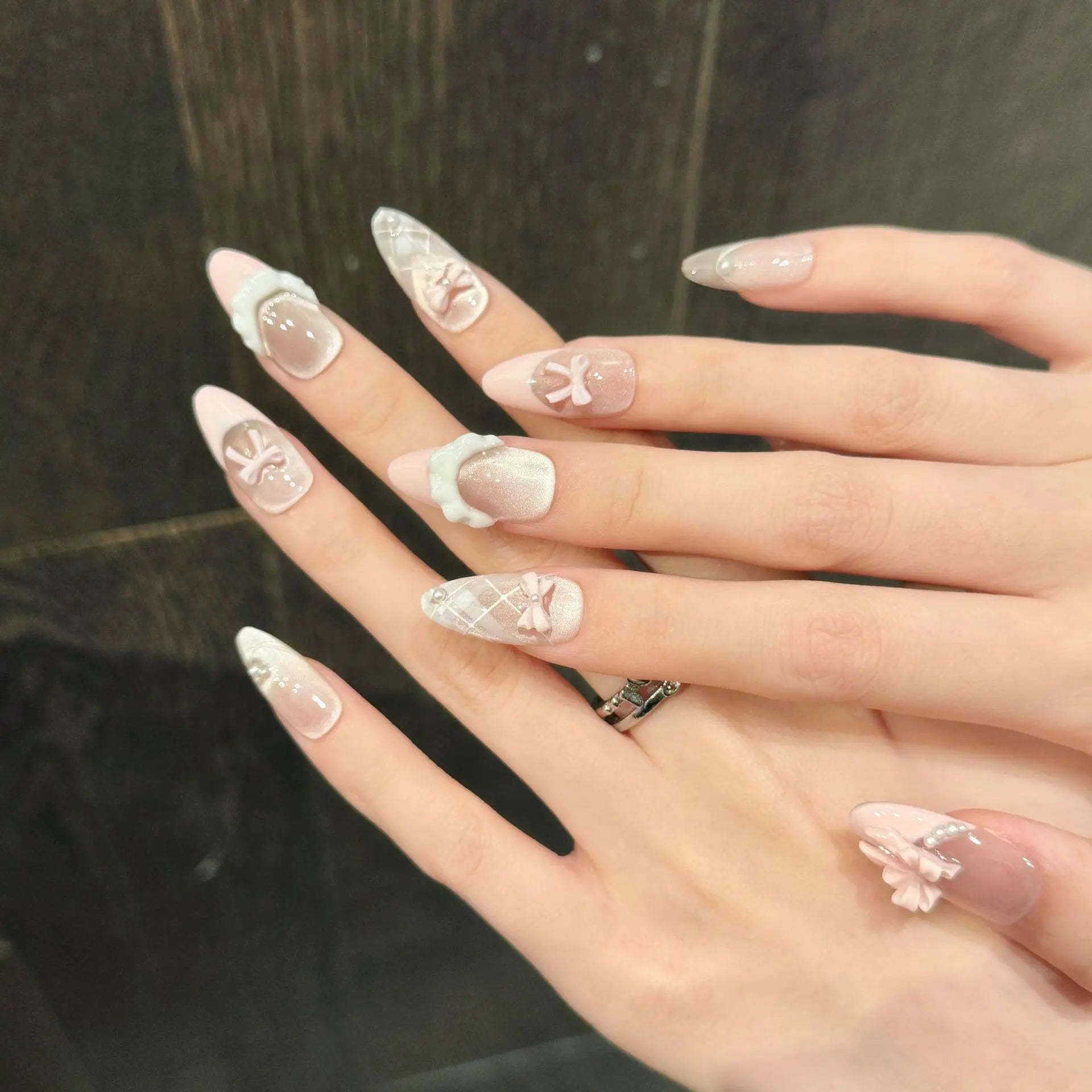 10pcs Handmade Press on Nails French Cat Eye Pink